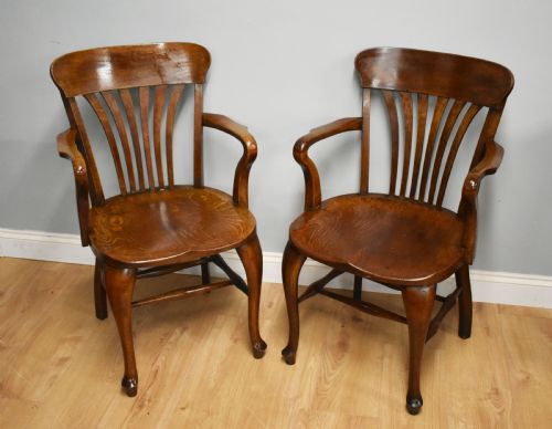 Pair of Edwardian Solid Oak Desk Chairs by T. Oliver, Torquay