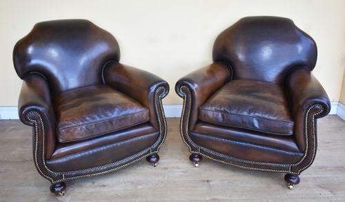 Quality Pair Antique Leather Club Armchairs