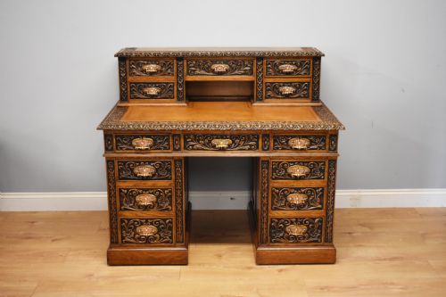 19th Century Victorian Carved Oak Pedestal Desk
