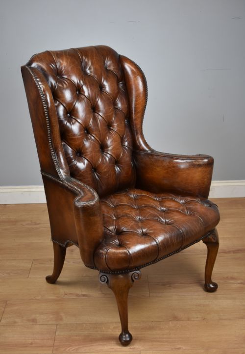20th Century Hand Dyed Distressed Tan Leather Wingback Armchair
