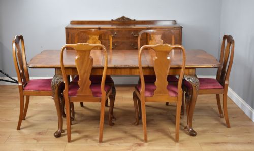 20th Century Queen Anne Style Burr Walnut Dining Suite