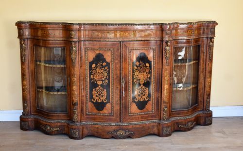 19th Century Victorian Burr Walnut and Marquetry Serpentine Credenza
