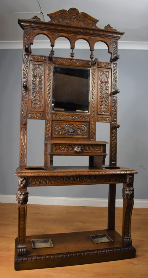 19th Century Carved Oak Flemish Style Hall Stand