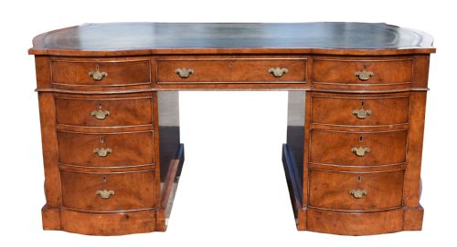 Edwardian Burr Walnut Bow Front Partners Desk