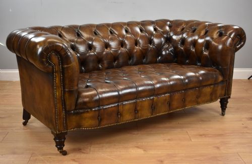 Antique Hand Dyed Cigar Brown Leather Chesterfield Sofa