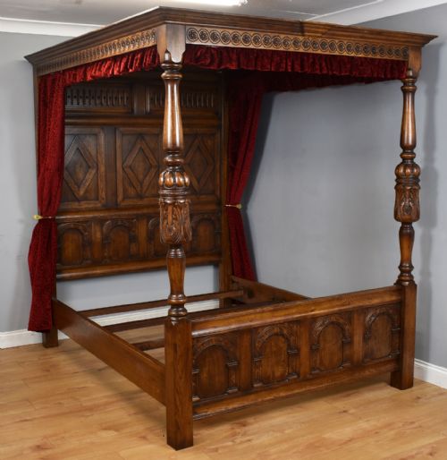 Jacobean Style Carved Oak Four Posted Bed