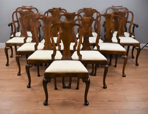 Set Fourteen Walnut Queen Anne Style Dining Chairs