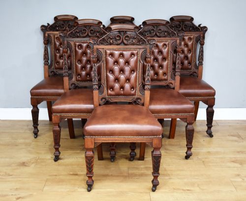Set of 6 Victorian Carved Walnut Dining Chairs