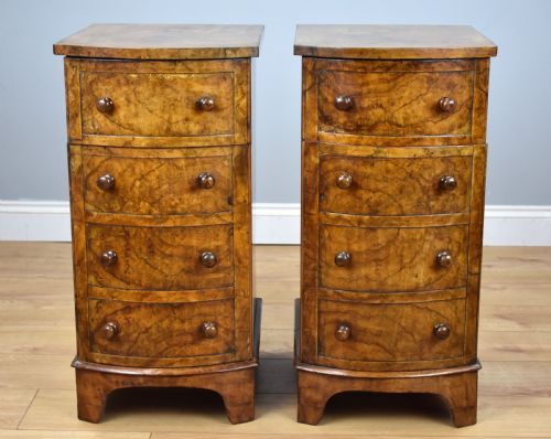 Pair of Victorian Burr Walnut Bow Front Bedside Cabinets