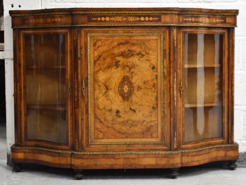 Victorian Burr Walnut Inlaid Serpentine Credenza