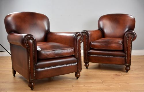 Pair Hand Dyed Honey Brown Leather Armchairs