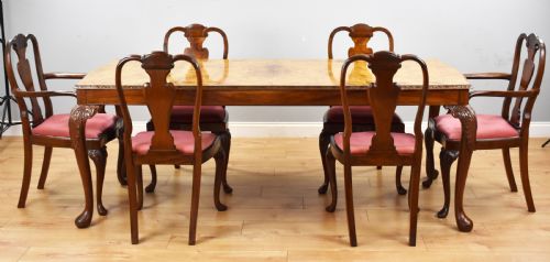 Queen Anne Style Burr Walnut Table & 6 Chairs