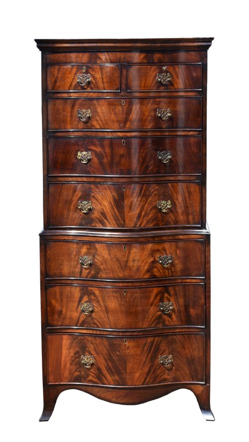 Edwardian Flame Mahogany Serpentine Chest on Chest