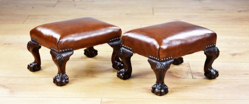 Pair Antique Walnut Claw and Ball Leather Stools