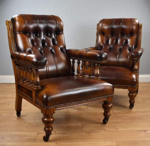 Pair of Victorian Hand Dyed Leather Library Chairs