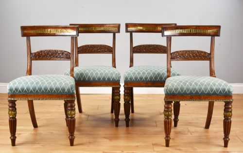 Set of 4 Regency Pollard Oak and Brass Inlaid Dining Chairs