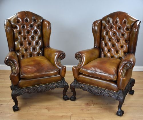 Pair of Victorian Hand Dyed Leather Wing Back Armchairs
