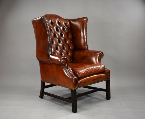 George II Style Brown Leather Hand Dyed Wingback Armchair