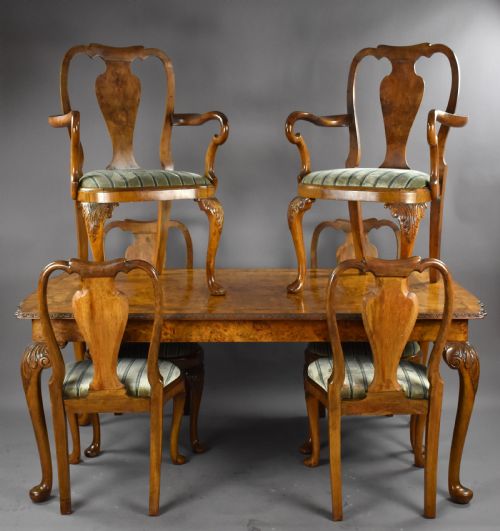 Queen Anne Style Burr Walnut Table & Chairs