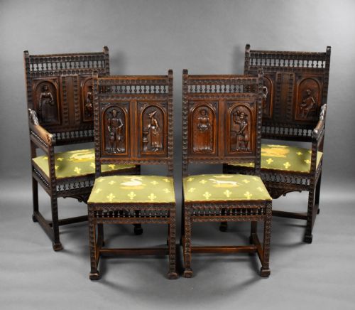 Set of 4 Carved Oak Chairs