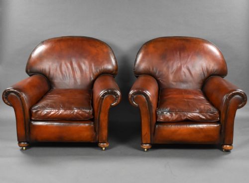 Pair of Antique Hand Dyed Leather Club Chairs