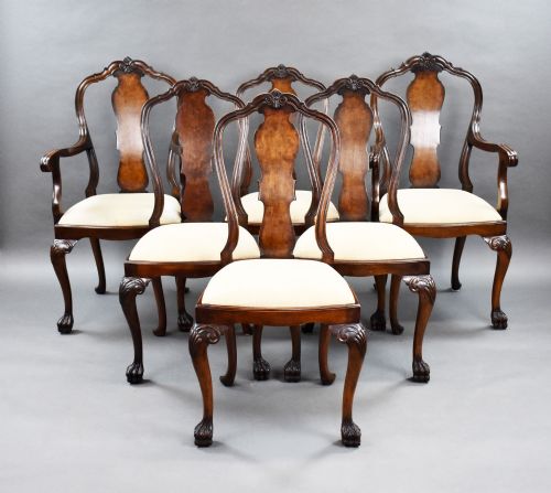 Set of 6 Antique Walnut Queen Anne Style Dining Chairs