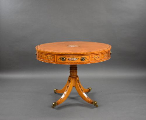Edwardian Hand Painted Satinwood Drum Table