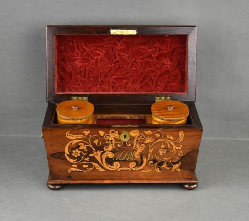 VICTORIAN ROSEWOOD INLAID MARQUETRY TEA CADDY - ADDITIONAL PHOTO 6
