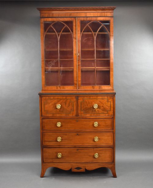 George III Mahogany Brass Inlaid Secretaire Bookcase