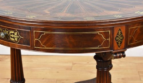 REGENCY FLAME MAHOGANY BRASS INLAID DRUM TABLE - ADDITIONAL PHOTO 4
