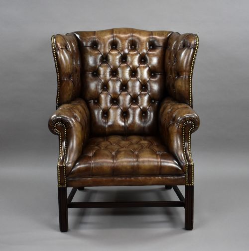 ANTIQUE HAND DYED LEATHER WING BACK ARMCHAIR - ADDITIONAL PHOTO 1
