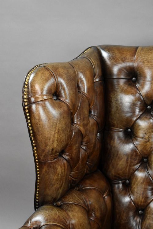 ANTIQUE HAND DYED LEATHER WING BACK ARMCHAIR - ADDITIONAL PHOTO 3