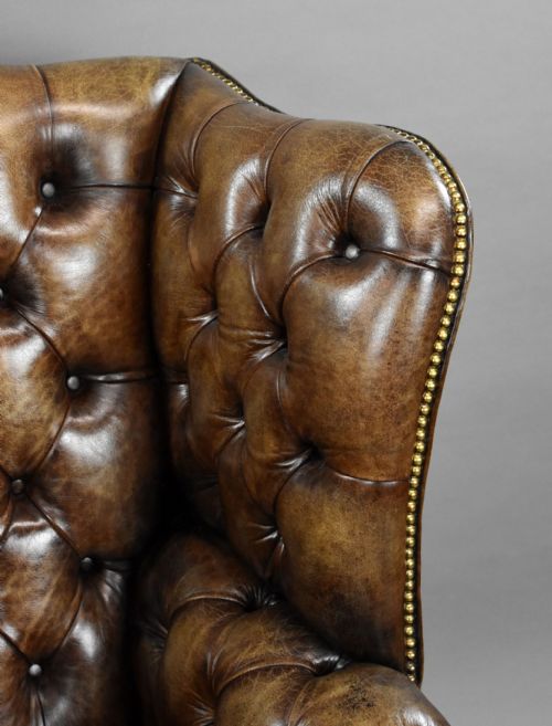 ANTIQUE HAND DYED LEATHER WING BACK ARMCHAIR - ADDITIONAL PHOTO 4