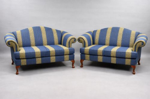 Pair of Classic Upholstered Sofas in Blue & Gold Stripe Damask