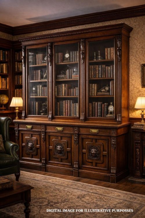 VICTORIAN CARVED OAK THREE DOOR BOOKCASE - ADDITIONAL PHOTO 10