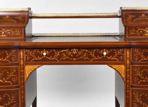 VICTORIAN SHERATON REVIVAL MARQUETRY INLAID CARLTON HOUSE DESK - ADDITIONAL PHOTO 5