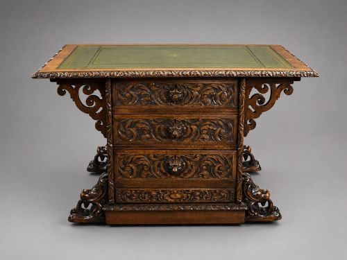 VICTORIAN CARVED OAK PARTNERS WRITING TABLE