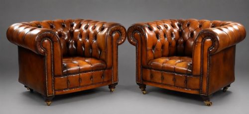 PAIR OF BROWN LEATHER CHESTERFIELD ARMCHAIRS