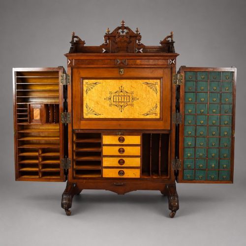 fig 2. A Victorian walnut Wooton secretary desk featuring carved cresting, curved upper doors, panelling, brass mail slots, and carved feet on castors.
