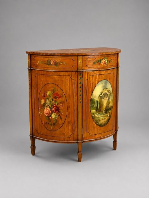 Edwardian Painted Satinwood Demi-lune Cabinet