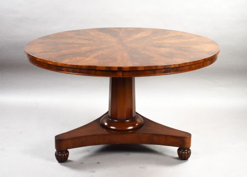 fig 1. A circular Regency tilt-top breakfast table with starburst flame mahogany veneers shown tilted upright on a pedestal base.