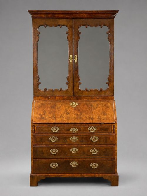 George II Burr Walnut Bureau Bookcase