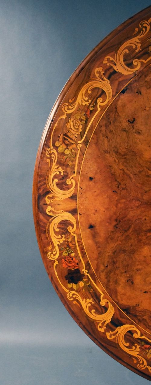 Victorian Burr Walnut and Marquetry Circular Breakfast Table View XI
