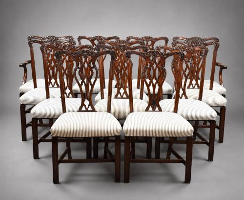 fig 1. An Edwardian mahogany extending dining table surrounded by matching Chippendale style dining chairs with striped upholstered seats and carved ball and claw feet.