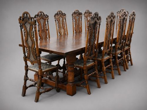 Large Oak Dining Table & 10 Carved High-back Chairs