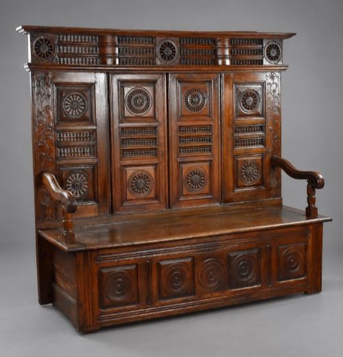 Carved Oak Panelled Settle / Hall Bench