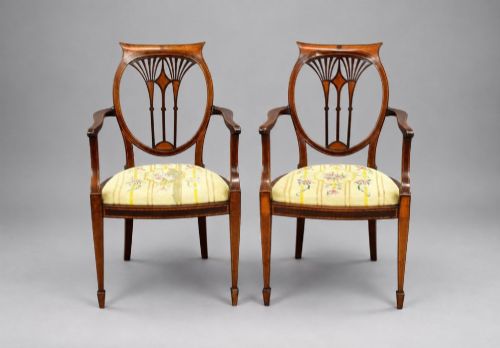 Pair of Edwardian Sheraton Revival Mahogany Armchairs