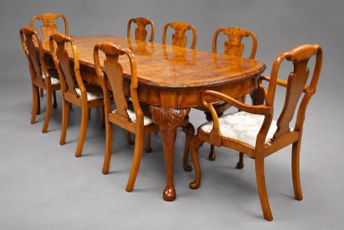Queen Anne Style Burr Walnut Extending Table and Eight Chairs