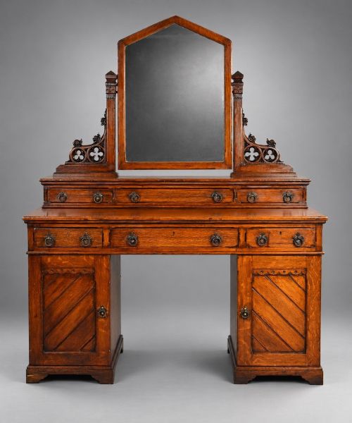 Antique Victorian Gothic Revival Oak Pedestal Dressing Table