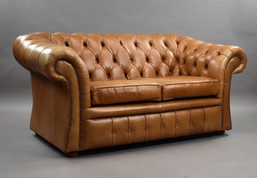 Tan Leather Two Seater Chesterfield Sofa